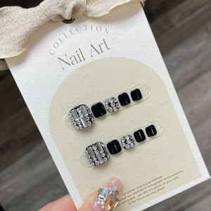 Handmade Toenail Press-On Nails Luxury Black Silver Color Block Rhinestone Decor Full Cover False Foot Nail Art Accessory