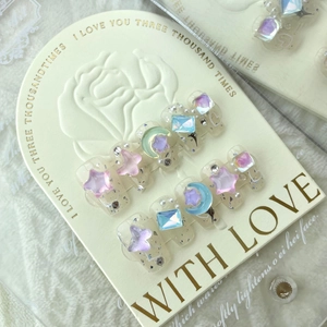 Handmade 3D Butterfly Star Moon Press On Nails Pink Blue Glitter Rhinestone Artificial Pearl Icy Transparent Long Short Coffin Nail Art
