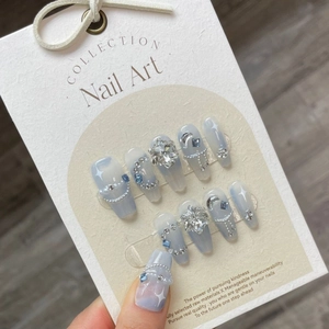 Handmade Press On Nails Fog Blue Marble Gradient Snowflake Rhinestone Moon Star Charms Elegant Reusable Artificial Nails