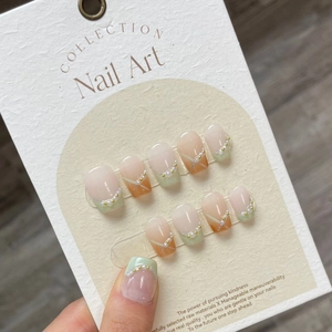Handmade French Gradient Press On Nails With Artificial Pearl Metal Bead Decor Gentle Light Green Fake Nails For Women Daily Manicure