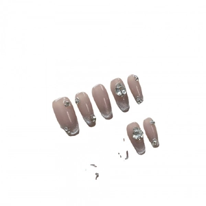 Ongles ballerine œil de chat nude et argent avec strass brillants et cristaux scintillants