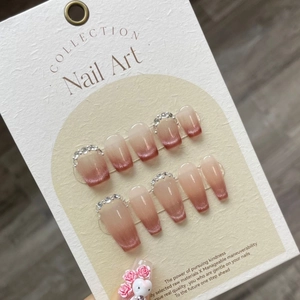 Handmade French Cat Eye Press On Nails Pink Cinnamon Gradient Rhinestone Coffin Fake Nails Luxury Starry Sky Artificial Nails For Women