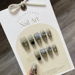 Handmade gradient dark grey press-on nails with 3D black roses and butterfly charms