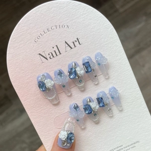 Handmade Sea Blue Ice Glass Press On Nails Set With 3D Rose Bows Artificial Pearl Rhinestones Luxury Elegant Manicure For Women