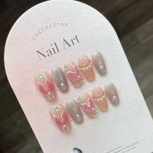 Handmade Mermaid Tail Press On Nails 3D Fairy Style Nude Pink Cat Eye Coffin Fake Nails With Artificial Pearl Decor Women Nail Art