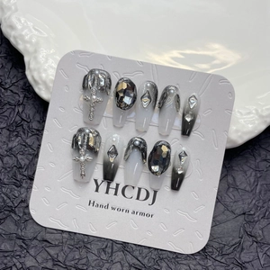 Handmade Coffin Press On Nails Dark Gothic Black White Gradient Rhinestone Cross Artificial Pearl Cat Eye Glitter Fake Nails Women