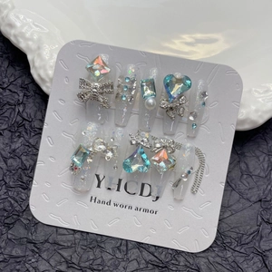 Handmade White Wedding Press On Nails Luxurious Rhinestone Heart Bow Decoration Long Trapezoid Fake Nails For Women Bride