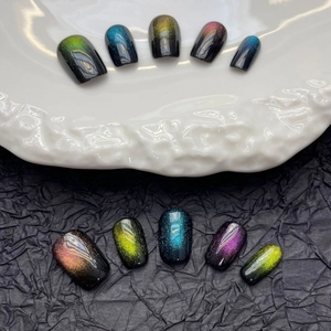 Rainbow cat eye press-on nails set with gradient glitter on a black and white background