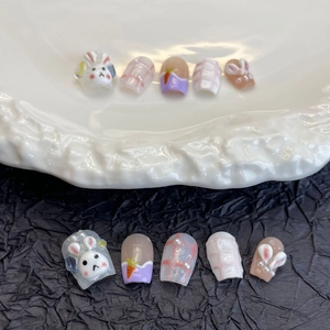 Handmade press-on nails with 3D cute rabbit and carrot designs in pink resin