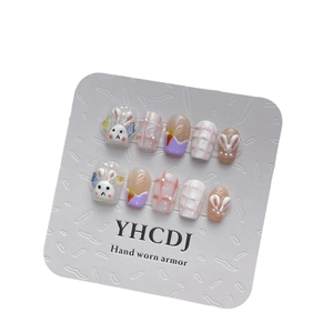 Handmade press-on nails set featuring cute 3D bunnies and carrots with pink plaid patterns