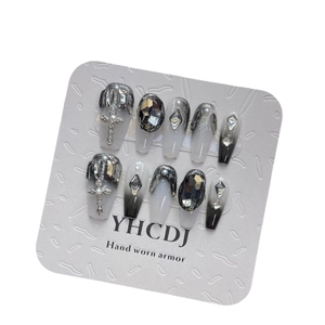 Handmade gothic grey gradient press-on nails with 3D crystal cross and pearl charms