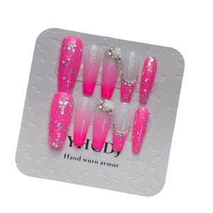 Handmade hot pink gradient coffin press-on nails with 3D white roses and pearls