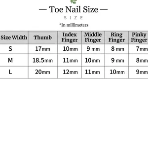 Guide des tailles pour faux ongles de pieds faits main colorés, dimensions S, M et L