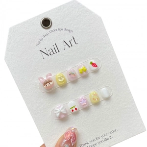 Handmade 3D cartoon press-on nails for girls with cute bunnies and pearls in pastel colors