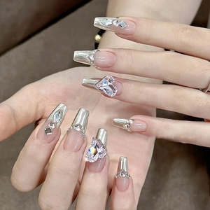 Handmade Mirror Silver Aurora Coffin Press On Nails With Heart Rhinestone Bow Long False Nails For Women Wedding Party