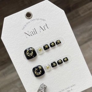 Handmade Star Moon Toenail Press On Nails Black Silver Glitter Rhinestone Artificial False Toenails For Women