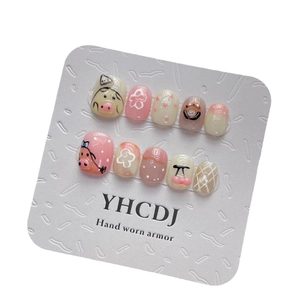 Handmade 10pcs press-on nails with 3D pink pig and flower art on white display card
