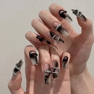 Dark Gothic Ink Marble Press On Nails With Silver Metal Rings Coffin Shape 3D Luxury Fake Nails For Women Daily Party Makeup