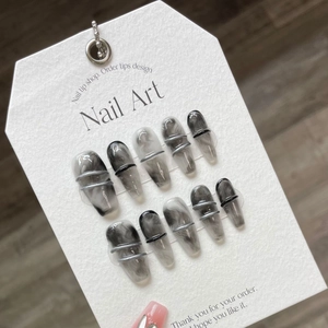 Gothic black and white ink marble press-on nails with silver 3D metallic line accents