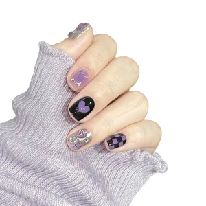 Y2K handmade press-on nails featuring black purple gradient and silver checkered patterns
