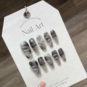 Gothic black marble ink press-on nails with 3D silver chrome lines and long coffin shape
