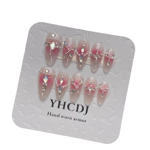 Handmade pink gradient press-on nails set with luxury rhinestones and silver metal chain