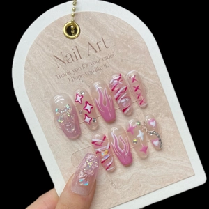 Handmade Y2K Y2K pink coffin press-on nails with flame patterns and 3D butterfly bows