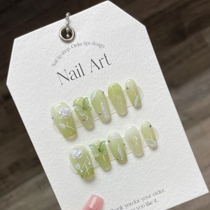 Green gradient handmade press-on nails with 3D roses, butterflies and rhinestones