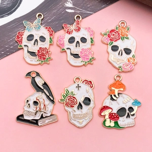 Halloween Skull Rose Alloy Enamel Pendants Gothic Mushroom Crow Butterfly Pendants For DIY Jewelry Making Necklace Earrings