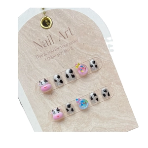 3D cow design press-on nails with cartoon patterns and glitter finish, 10-piece set