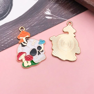 Detailed front and back views of skull and colorful mushrooms enamel alloy charm