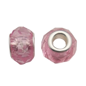 Detailed views of pink faceted glass Murano beads with silver metal core for DIY bracelets
