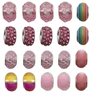 Set of 20 pink European charm beads with crystal, stripes and rhinestone designs