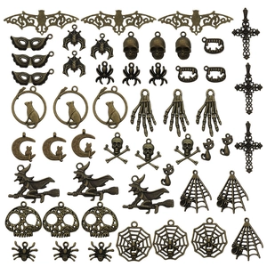 Halloween DIY jewelry charms set in antique bronze featuring skulls spiders and bats