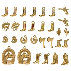 Golden stainless steel western cowboy charms set including boots and revolvers