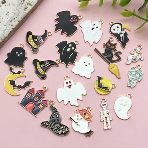 Handmade Halloween enamel alloy charms including witch hats, ghosts, and haunted castles