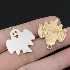 Detailed front and back views of white enamel ghost pendants with gold metal sunray texture
