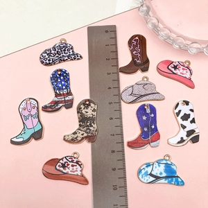 Enamel cowboy hat and boot pendants with American flag and leopard patterns for DIY jewelry