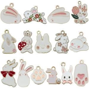 Pink and white enamel bunny and cat paw alloy charms for DIY necklaces and jewelry