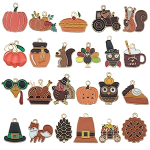 22-piece Thanksgiving enamel charms set with pumpkin squirrel and turkey motifs for DIY jewelry