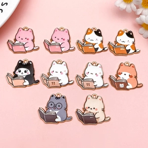 Cartoon Lese-Katze Tropföl Zinklegierung Anhänger Für DIY Schlüsselanhänger Schmuckherstellung Zubehör Süße Tier Emaille Handwerk Charms