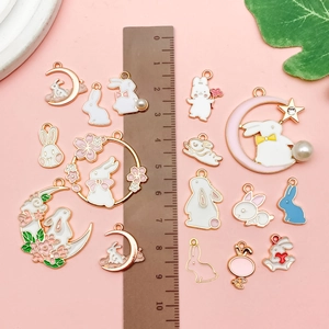 Cute cartoon rabbit oil drop pendants for DIY jewelry making in pink and gold finish