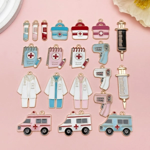 Medical Theme Zinc Alloy Enamel Charms For DIY Jewelry Making Ambulance Doctor Coat Thermometer Syringe Pendant Set