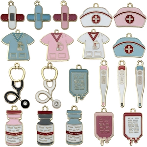 Enamel medical charms set including stethoscope and nurse hat for DIY jewelry making