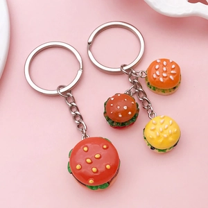 Creative 3D resin hamburger keychain set with red and yellow food pendants for bags