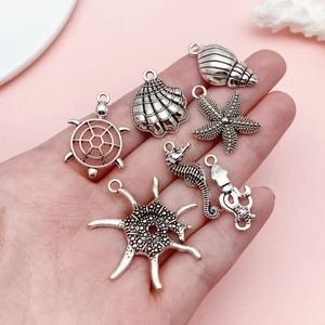 DIY Tibetan silver ocean theme pendants set featuring starfish seahorse and turtle charms