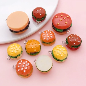 Colorful resin mini burger charms with metal rings for DIY crafts and keychains