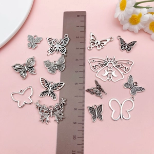 Set of 13 antique silver butterfly alloy pendants with ruler for DIY jewelry making