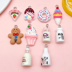 Simulation Food Resin Pendants Milk Bottle Gingerbread Man Cake Donut Charms For DIY Jewelry Making Keychain Phone Accessories