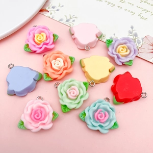 Colorful resin camellia flower pendants with green leaves and silver metal hooks